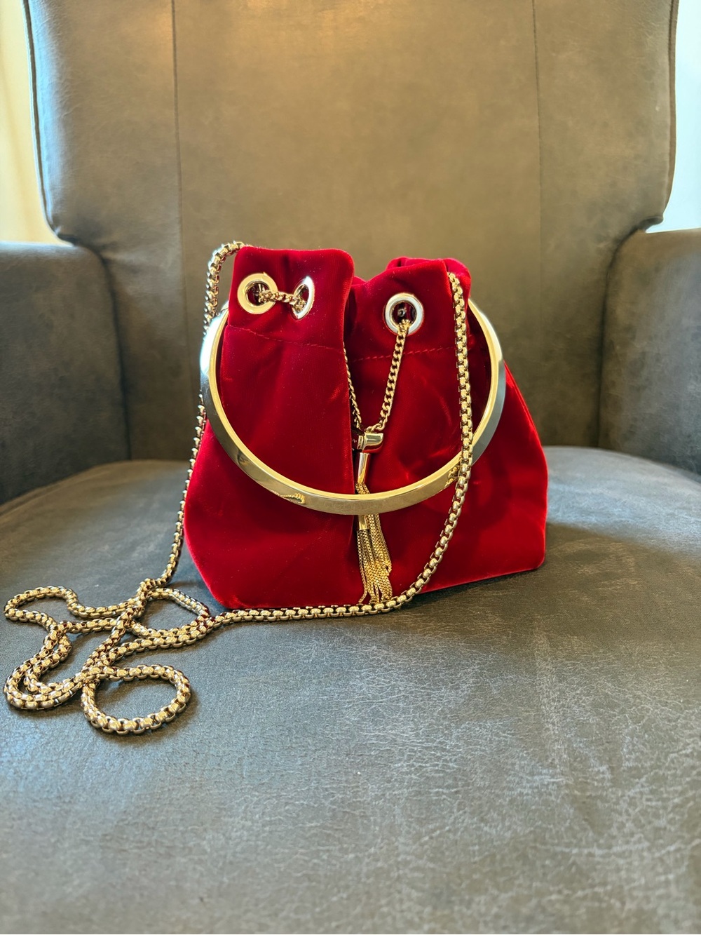 Jimmy Choo Red Velvet Drawstring Satchel with Gold Chain